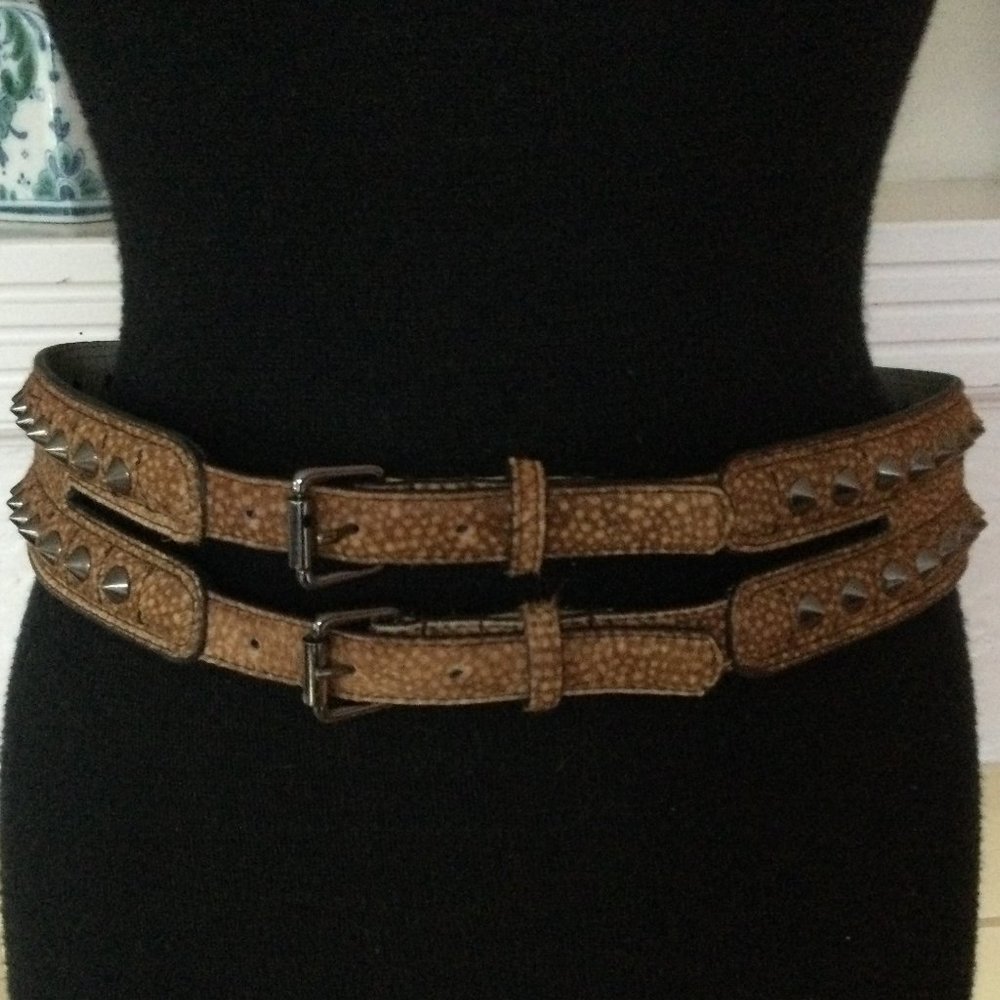 BCBG Max Azria Faux Reptile Studded Double Belt